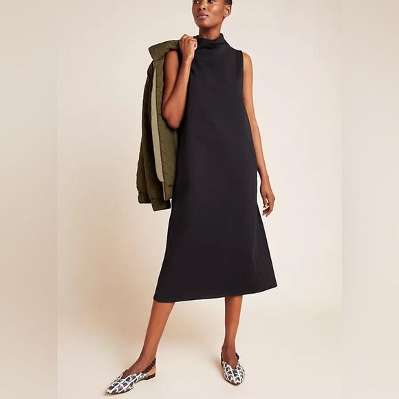 Velvet by Graham & Spencer Black Mock Neck Midi Dress, Anthropologie 100% Cotton - Picture 1 of 12